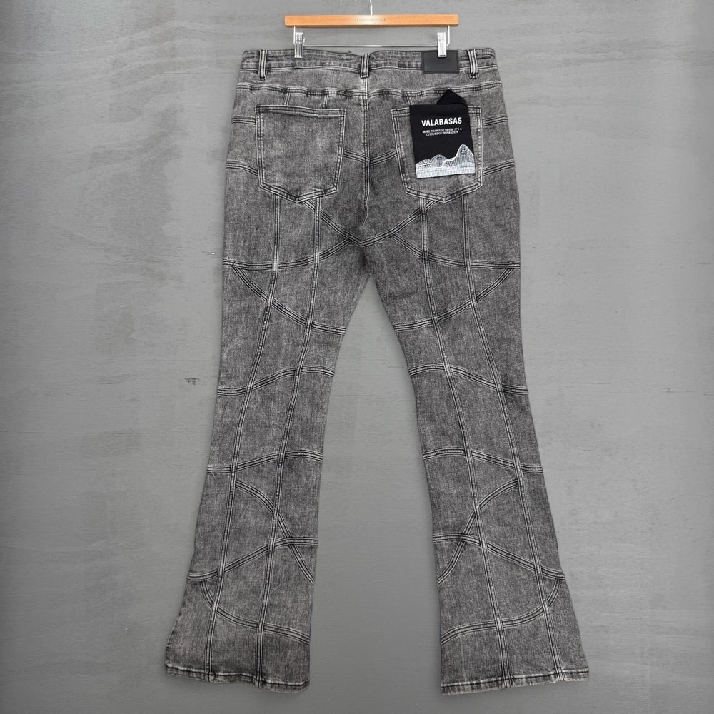 Valabasas Streak Flare Stacked Jeans Grey Acid Wash Geometric Paneled Denim 42